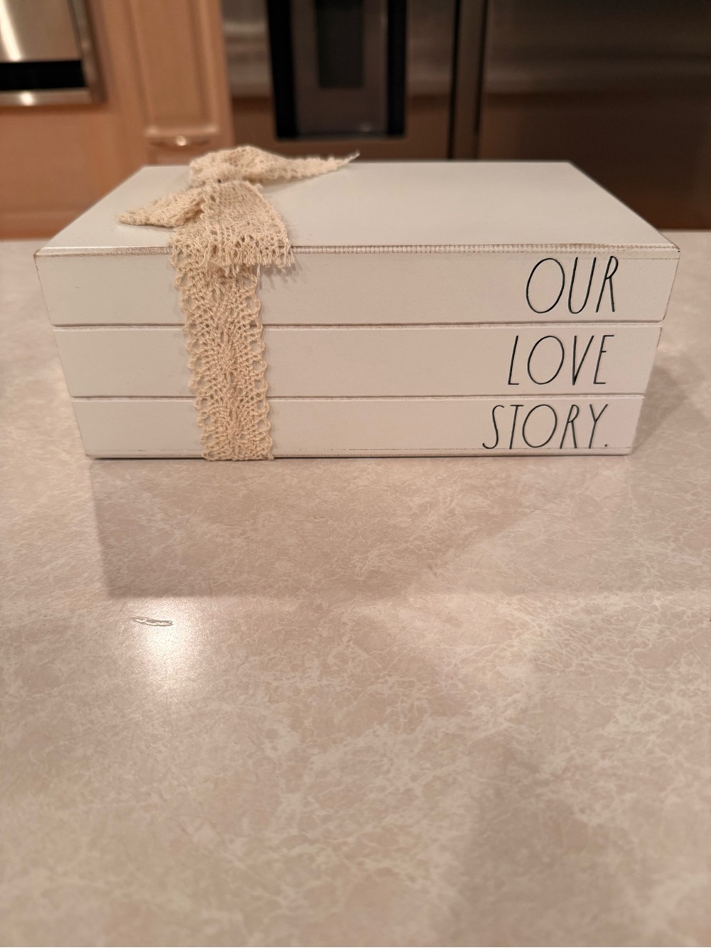 Rae Dunn White Stacked faux Decorative Books "Our Love Story"